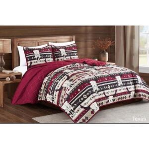 NEW! Southwest Burgundy Texas Style Aztec Skull Printed QUEEN Quilt Set